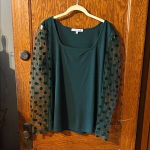 Sweet Rain Forest Green Blouse with Sheer Polka Dot Sleeves